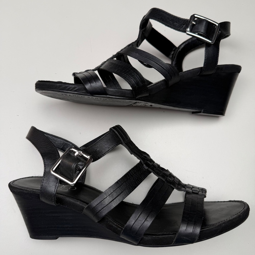 Franco‎ Sarto Black Leather Wedge Sandal Caged Strappy Minimalist Chic Size 8.5M